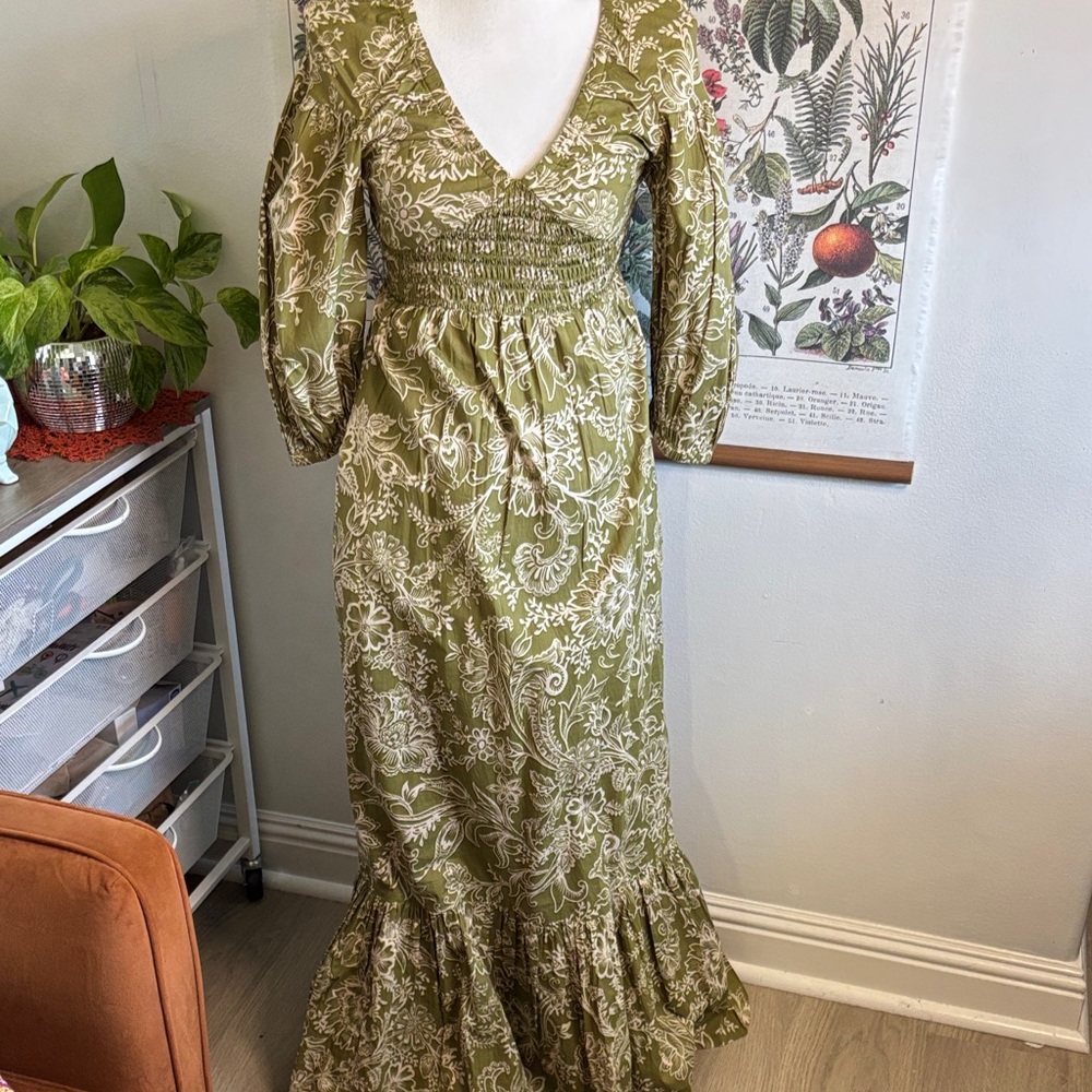 NWT Patrons of Peace Cotton Olive Floral Maxi Dress XS